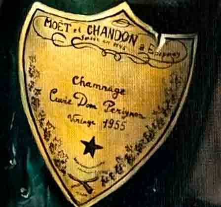Bottle of Moët & Chandon Vintage 1955 with a reflection of a woman in pink.