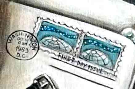 U.S. postage stamp and envelope with October 1963 postmark, First Day of Issue.